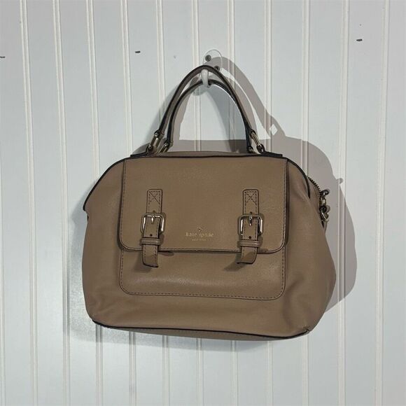 Kate Spade New York Taupe Leather Satchel Handbag Buckle Flap Top Handle Medium - Picture 1 of 8